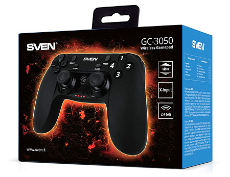 Wireless Gamepad SVEN GC-3050, 4 axes, D-Pad, 2 mini joysticks, 13 buttons, Vibration feedback, Soft