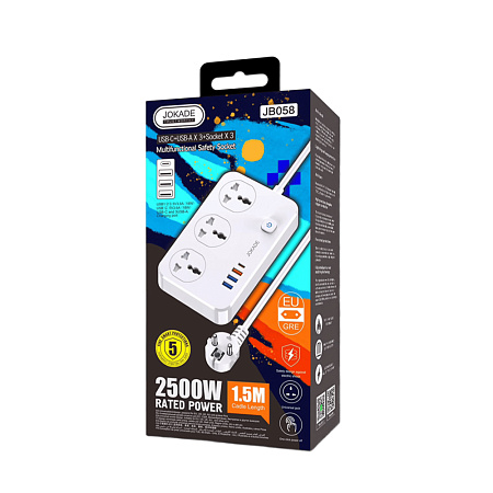 Jokade JB058 3-Outlet Universal Socket with 1C3A USB Ports (EU Plug),1,5M, White Jokade JB058 3-Outlet Universal Socket with 1C3A USB Ports (EU Plug),1,5M, White