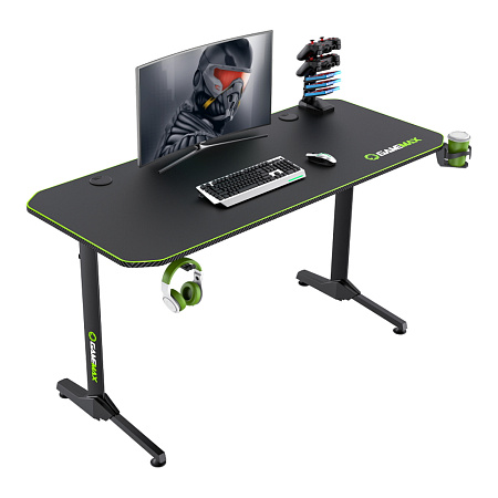 Gaming Desk Gamemax D140-Carbon, 140x60x75cm, Headsets hook, Cup holder, Cable managment