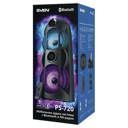 Partybox SVEN "PS-750" 80w, Black, Bluetooth, TWS, Bluetooth, FM, USB, microSD, 2x4400mA*h