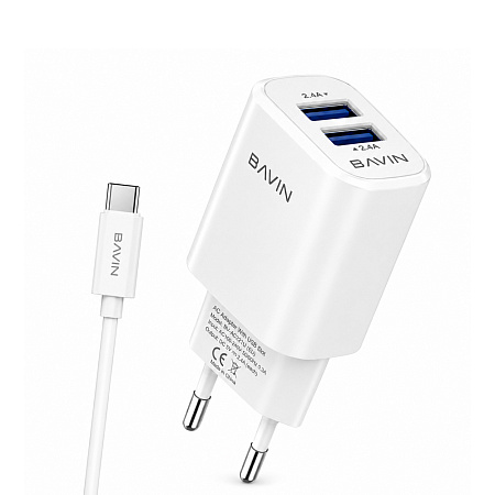 BAVIN Wall Charger Dual USB 2.4A + Cable Type-C, White
