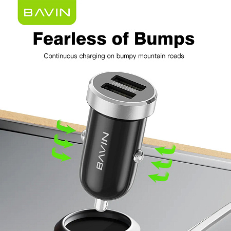 BAVIN Car Charger Dual USB Universal + Cable Type-C, 2.4A,12W, Black