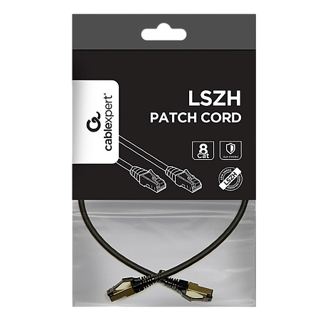 Patch Cord Cat.8  0.5m, Black, PP8-LSZHCU-BK-0.5M, Cablexpert, Low Smoke Zero Halogen (LSZH)