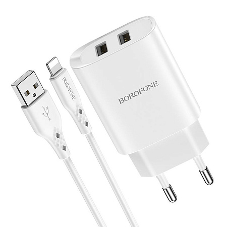 Borofone Wall Charger with Сable USB to Lightning BN2 2xUSB 2.1A, White