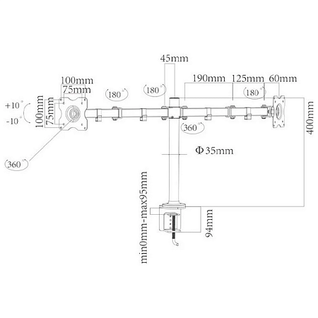 Table/desk stand for 2 monitors CHARMOUNT CT-LCD-DS1803, 10"-27" 75x75,100x100, Tilt/Pvt, up to 10kg