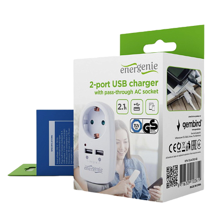 Power socket built-in, Out:1xCEE 7/4, 2xUSB, White, protective shutters, Energenie EG-ACU2-02