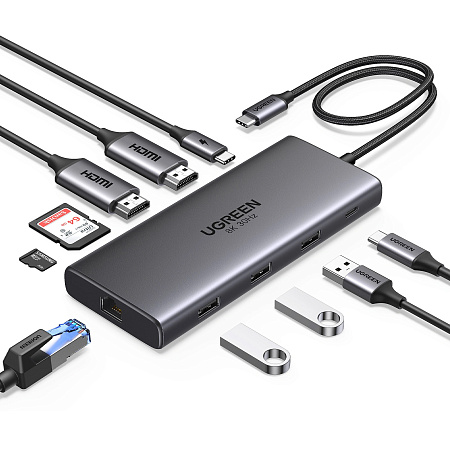 UGREEN HUB 10in1 USB-C to 2*HDMI(8K@30Hz)+USB-A3.0+USB-C3.0+2*USB-A2.0+SD/TF+GigabitRJ45+PD(100W) | CM639, Space Gray