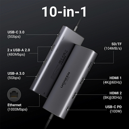 UGREEN HUB 10in1 USB-C to 2*HDMI(8K@30Hz)+USB-A3.0+USB-C3.0+2*USB-A2.0+SD/TF+GigabitRJ45+PD(100W) | CM639, Space Gray