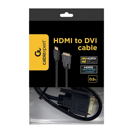 Cable HDMI to DVI  0.5m Cablexpert, male-male, GOLD, 18+1pin single-link, CC-HDMI-DVI-0.5M