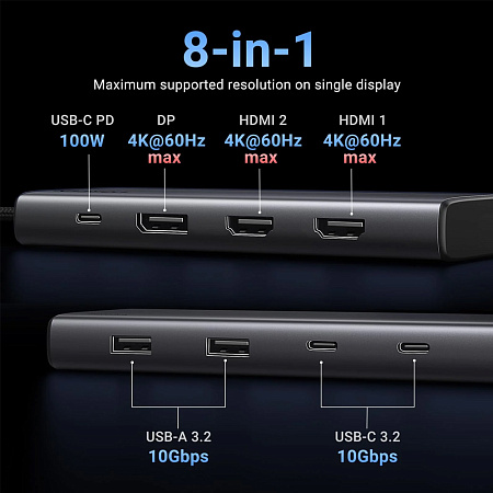 UGREEN Docking Station 8in1 USB-C to 2*HDMI 4K@60Hz + 1*DP 4K@60Hz + 2*USB-A3.2 + 2*USB-C3.2 + PD 100W | CM639, Gray UGREEN Docking Station 8in1 USB-C to 2*HDMI 4K@60Hz + 1*DP 4K@60Hz + 2*USB-A3.2 + 2*USB-C3.2 + PD 100W | CM639, Gray