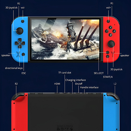 DDZONE G90 Handheld Retro Game Console 7.0 inch HD, 64GB Built-in Games Linux, Red-Blue