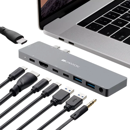 Docking Station Canyon DS-8 for MacBook, 8-in-1, 3xUSB-C, 2xUSB3.0, 2xHDMI, 3.5mm, PD 87W, Aluminum