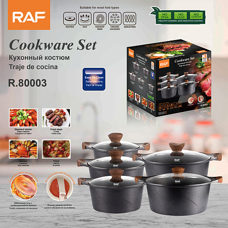 Raf Cookware Set Pans With Lids R.80003, 5pcs Set, Black