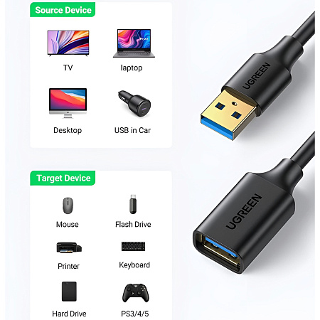 UGREEN USB 3.0 Extension Male Cable 3m | US129, Black