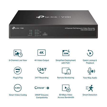 TP-Link  4 Channel Network Video Recorder "VIGI NVR1004H-4P", 1xSATA up to 10TB, 4x Ports PoE+, Budg