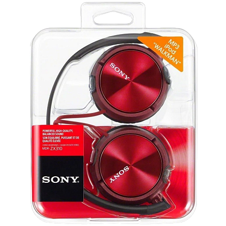 Headphones  SONY  MDR-ZX310APR, Mic on cable,  4pin 3.5mm jack L-shaped, Cable: 1.2m, Red