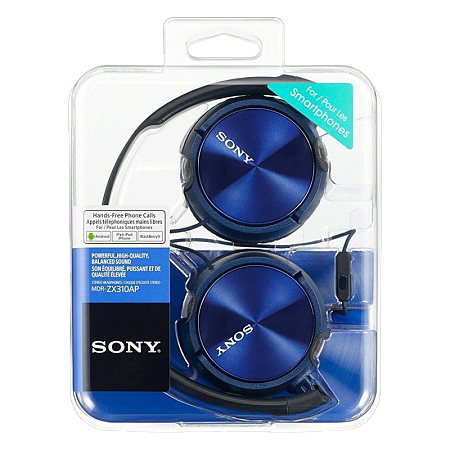 Headphones  SONY  MDR-ZX310APL, Mic on cable,  4pin 3.5mm jack L-shaped, Cable: 1.2m, Blue
