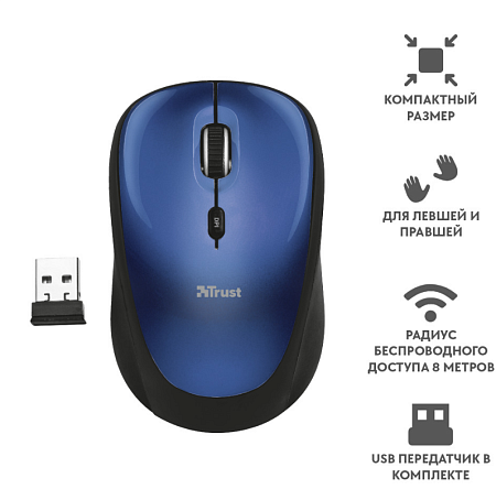 TR_24549. Trust Yvi + Eco Wireless Silent Mouse - Black, 8m 2.4GHz, Micro receiver, 800-1600 dpi, 4 button, AA battery, US, клавиатуры ,мышки ,веб камера ,коврики ,флешки , 16gb, 32gb,64gb,128gb,256gb,512,microsd,sd
