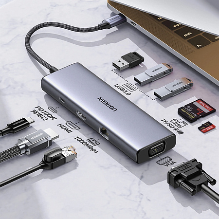 UGREEN HUB 9in1 USB-C to HDMI (4K@60Hz) + VGA+ 3*USB-A 3.0 + Gigabit RJ45 +SD/TF + PD 100W | CM498, Grey