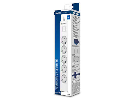 Surge Protector   5 Sockets,  1.8m,  Sven "SF-05", White, retail box, flame-retardant material