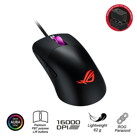 Gaming Mouse Asus ROG Keris, 16k dpi, 7 buttons, 400ips, 50G, 62g, Ergonimic, Push-fit socket, PBT p