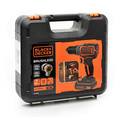 Drill/Driver BRUSHLESS Black+Decker (BL186KB-QW) 18V Li-Ion 2x1.5 Ah + Kitbox, LED,2 Speed 0-1650 rp