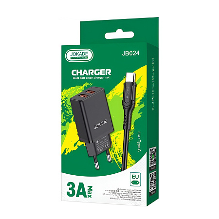 Jokade Wall Charger with Cable USB-A to Type-C Dual Port JB024 3A, Black
