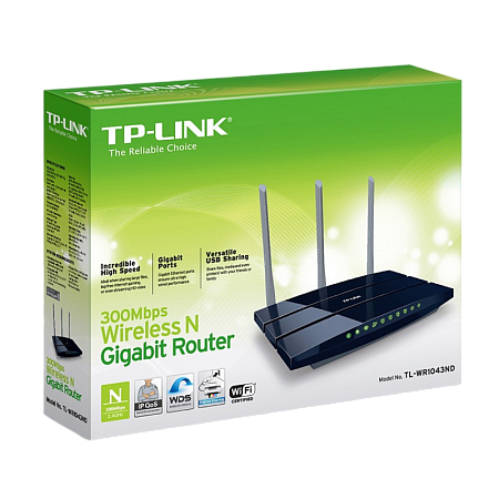 Wi-Fi N TP-LINK Router, "TL-WR1043ND", 450Mbps, Gbit Ports, USB2.0, Print Server, MIMO
