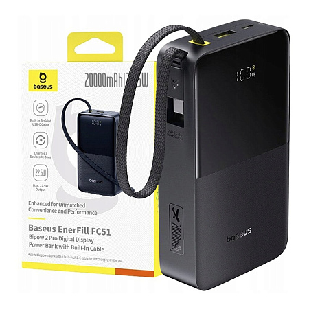Baseus Power Bank 30000mAh 22,5W with Cable Type-C 0.3m, EnerFill FC51 Bipow 2 Pro Digital Display, Cosmic Black