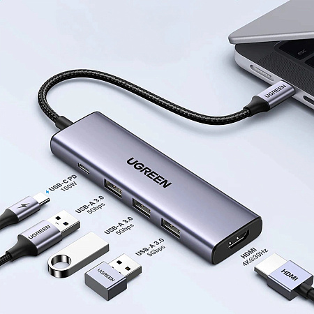 UGREEN HUB 5in1 Type-C to 3*USB 3.2 + HDMI 2.0 + SD card reader + TF card reader + USB Type-C PD 100W | CM511, Gray