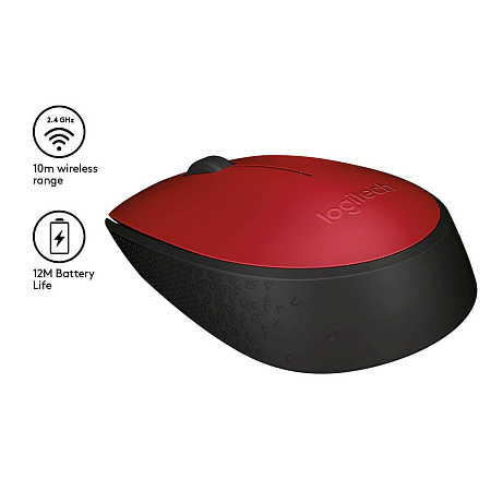 Wireless Mouse Logitech M171, 1000 dpi, 3 buttons, Ambidextrous, 69,3g., 1xAA, 2.4Ghz, Red