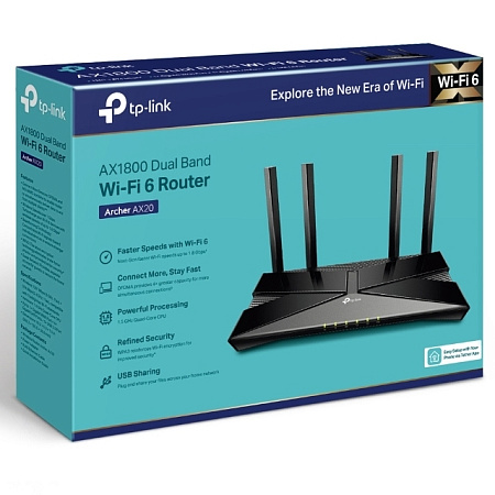 Wi-Fi 6 Dual Band TP-LINK Router "Archer AX20", 1800Mbps, OFDMA, Gbit Ports, USB2.0
