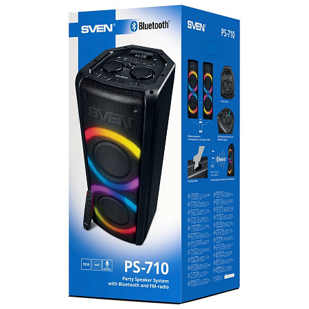 Partybox SVEN "PS-710" 100W, TWS, Bluetooth, FM, USB, microSD, LED-display, 4400mA*h