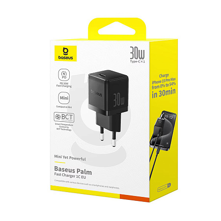 Baseus Wall Charger GaN 1*Type-C 30W, Palm Series, Cluster Black