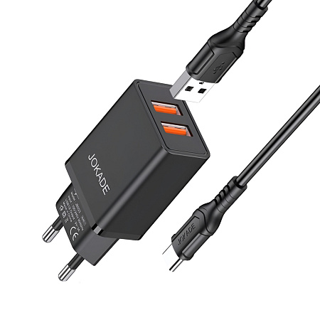 Jokade Wall Charger with Cable USB-A to Type-C Dual Port JB024 3A, Black