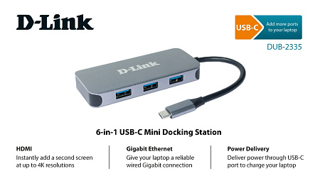 D-Link USB 3.0 TYPE C 6-in-1 Mini Docking Station "DUB-2335/A1A", HDMI, Gbit Ethernet, 3xUSB3.0, PD