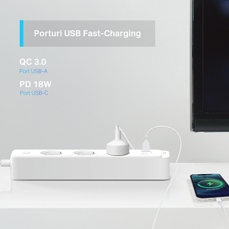 TP-LINK "Tapo P300" Wi-Fi Smart Power Strip, 3xSockets, 2xUSB with QC 3.0, USB-C 18W