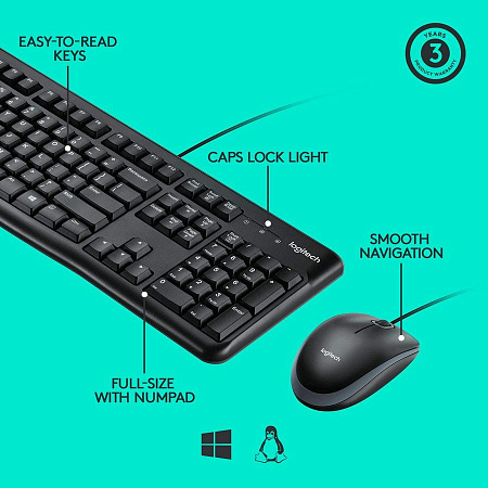 Keyboard & Mouse Logitech MK120, Thin profile, Spill-resistant, Quiet typing, 1000dpi, 3 buttons, 1.