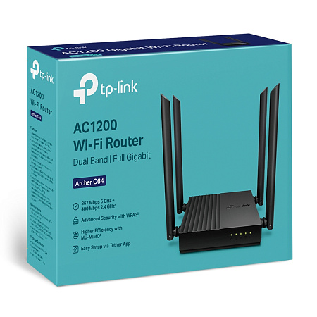 Wi-Fi AC Dual Band TP-LINK Router, "Archer C64", 1200Mbps, Gbit Ports, MU-MIMO