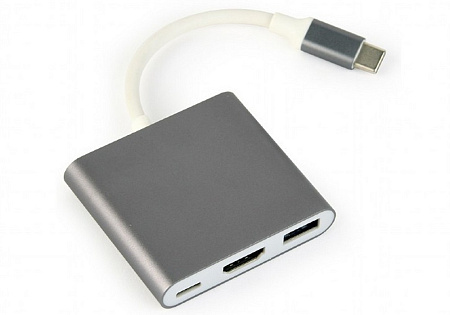 Видеоадаптер Cablexpert A-CM-HDMIF-02-SG, USB-C (M) x USB-C (F) - XHDMI (F) x USB A (F), 0,1м, Серебристый