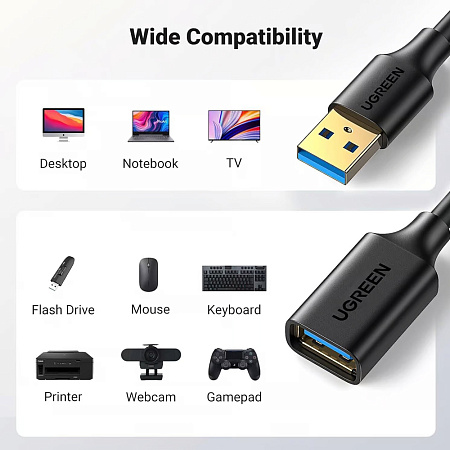 UGREEN USB 3.0 Extension Male Cable 5m | US129, Black