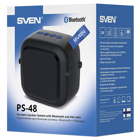 Speakers SVEN "PS- 48" Black, Bluetooth, 5W, TWS, Bluetooth, FM, USB, microSD, 500mA*h Speakers SVEN "PS- 48" Black, Bluetooth, 5W, TWS, Bluetooth, FM, USB, microSD, 500mA*h