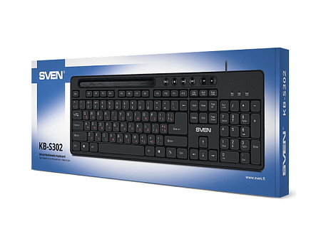 Keyboard SVEN KB-S302, Multimedia, Tray for smartphone, 1.5m, USB, EN/RU, Black Keyboard SVEN KB-S302, Multimedia, Tray for smartphone, 1.5m, USB, EN/RU, Black