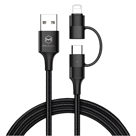Mcdodo Cable Atom Series 2 in 1 USB-A to Lightning+Type-C with LED 2.4A 1.2m, Black