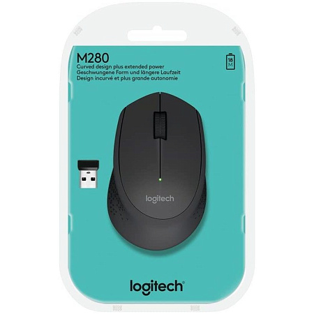 Wireless Mouse Logitech M280, 1000 dpi, 3 buttons, Ergonomic, 78g., 1xAA, 2,4Ghz, Black