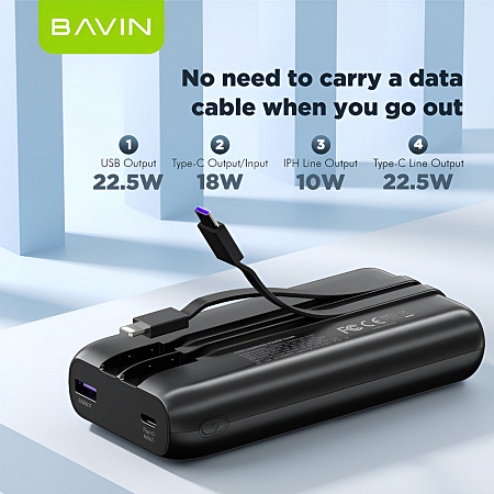 BAVIN Power Bank 20000mAh, 22.5W Fast Charging, Built-in Type-C & Lightning Cables, Black