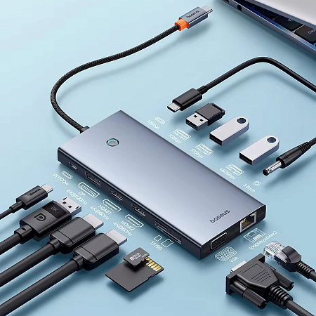 Baseus HUB 13in1 Type-C to USB-C to HDMI 4K@60Hz*2+DP 4K@60Hz*1+VGA*1+USB3.1*2+Type-C3.1*1+USB2.0*1+PD*1+RJ45*1+SD/TF*1+3, PortalJo Series, Space Gray