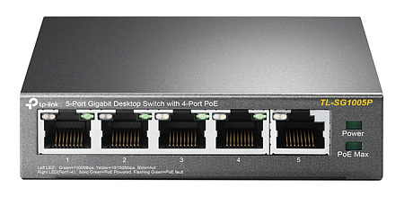 .5-port Gigabit Switch TP-LINK "TL-SG1005P", with 4-Port PoE, steel case, 65W Budget, Autorecovery