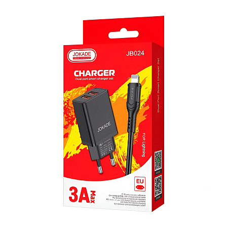 Jokade Wall Charger with Cable USB-A to Lightning Dual Port JB024 3A, Black