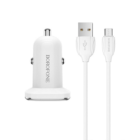 Borofone Car Charger USB QC3.0 18W (Cable USB to MicroUSB) BZ12A Lasting, White